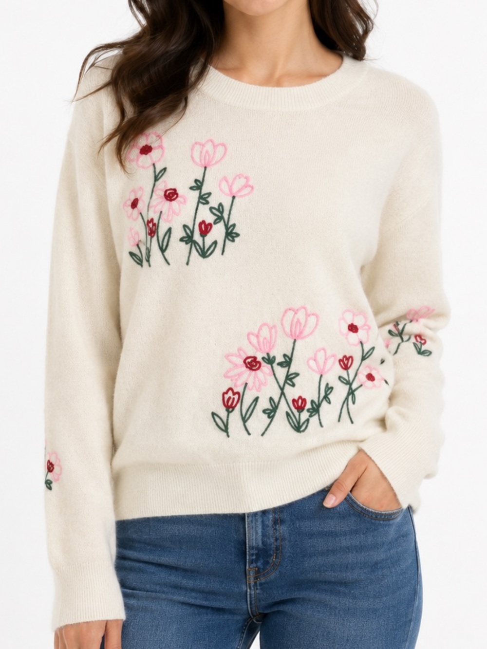 Cynthia Rowley 100% cashmere floral Embroidered Sweater - Cream and Pink Large